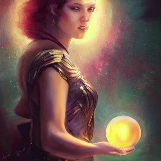 Prompt: a painting of a woman holding a crystal ball, a hologram by raymond swanland, featured on cgsociety, fantasy art, wiccan, mystical, tarot card