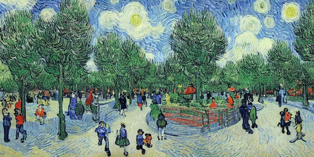 Image similar to highly detailed beautiful happy park, with childrens, by Van Gogh