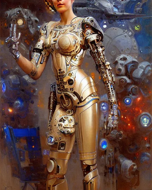 Prompt: an attractive cyborg wearing a futuristic dress surrounded by intricate geometric patterns. highly detailed painting by gaston bussiere, craig mullins, j. c. leyendecker 8 k