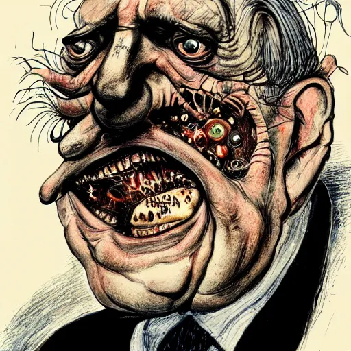 Prompt: George Soros by Ralph Steadman, illustration, body horror, biopunk