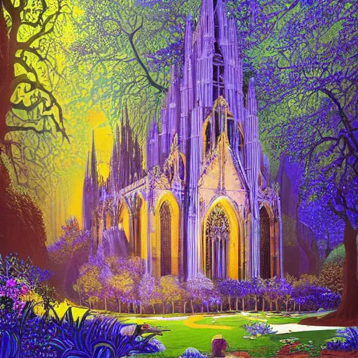 Prompt: a beautiful and highly detailed landscape painting of a cathedral in a beautiful garden in a mystical forest, psychedelic, intricate details, epic scale, insanely complex, 8 k, sharp focus, by eyvind earle