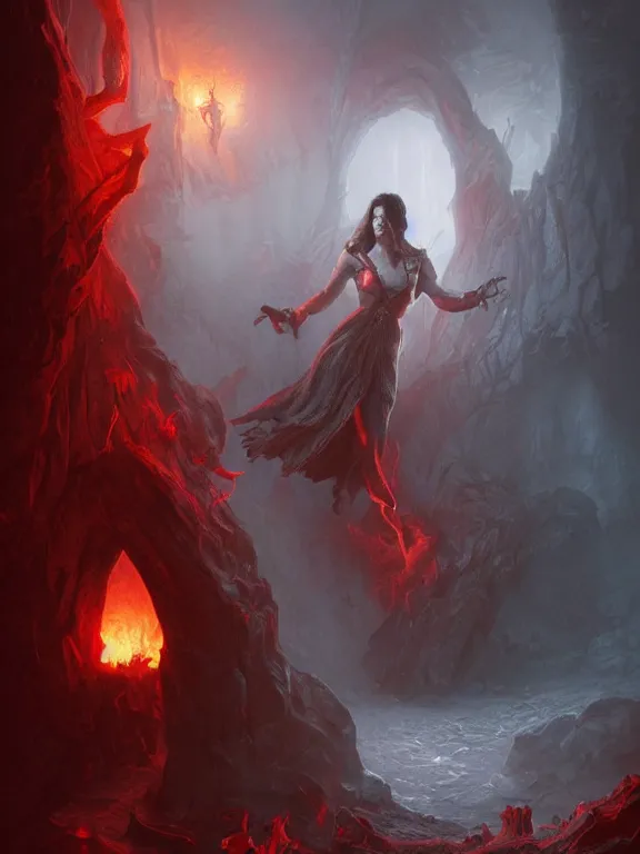 Prompt: Jennifer Connelly opening the door to hell, red lighting, time warping, D&D, fantasy, highly detailed, digital painting, trending on artstation, concept art, sharp focus, illustration, art by artgerm and greg rutkowski and magali villeneuve