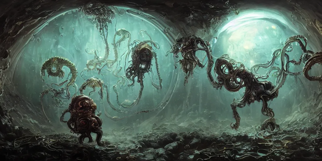 Prompt: concept art of giant translucent brain glowing jellyfishes, lovecraftian divers helmet, lots of teeth, melting horror, round moon, rich clouds, fighting the horrors of the unknown, mirrors, very detailed, volumetric light, mist, grim, fine art, decaying, textured oil over canvas, epic fantasy art, very colorful, ornate, anato finnstark