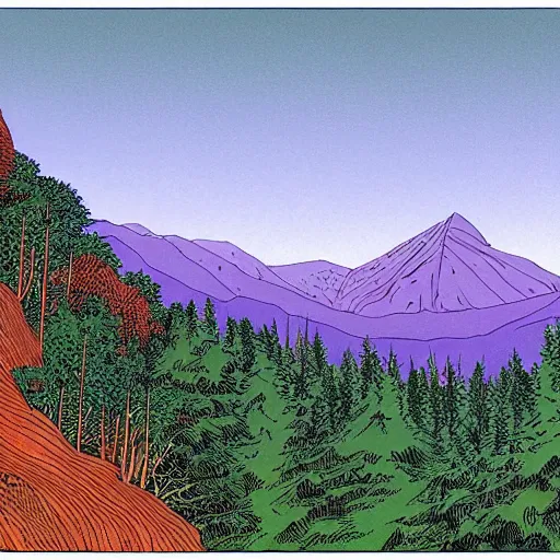 Prompt: forest with mountains in background by moebius