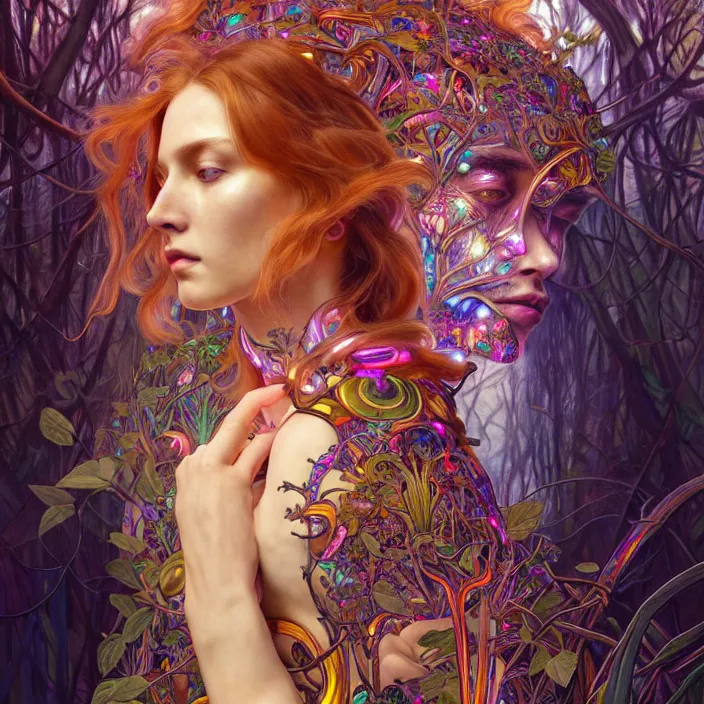 Image similar to bright psychedelic portrait of intelligent organic cyborg in an ancient forest, diffuse lighting, fantasy, intricate, elegant, highly detailed, lifelike, photorealistic, digital painting, artstation, illustration, concept art, smooth, sharp focus, art by John Collier and Albert Aublet and Krenz Cushart and Artem Demura and Alphonse Mucha