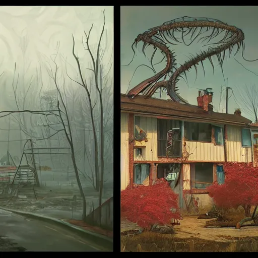 Image similar to ricky berwick, simon stalenhag, horror, eldritch horror, foggy