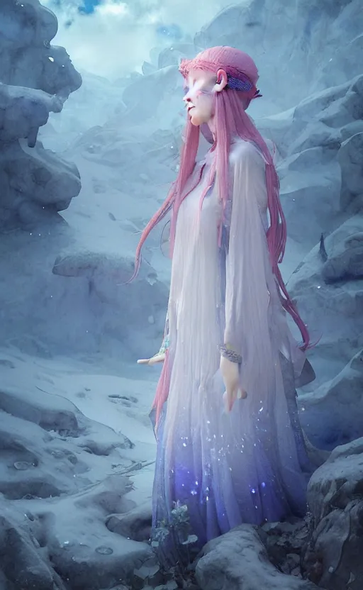 Prompt: elf ice witch princess dress. intricate, amazing composition, colorful watercolor, by ruan jia, by maxfield parrish, by marc simonetti, by hikari shimoda, by robert hubert, by zhang kechun, illustration, gloomy, volumetric lighting, fantasy