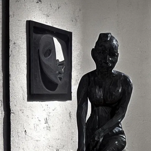 Prompt: This sculpture was painted in 1937 during the Guerra Civil Española. The woman in the sculpture is weeping for her dead husband. She is wearing a black dress and a black veil. Her face is distorted by grief. The sculpture is dark and somber. macro photo by Tara McPherson, by Josef Albers rhythmic, unified