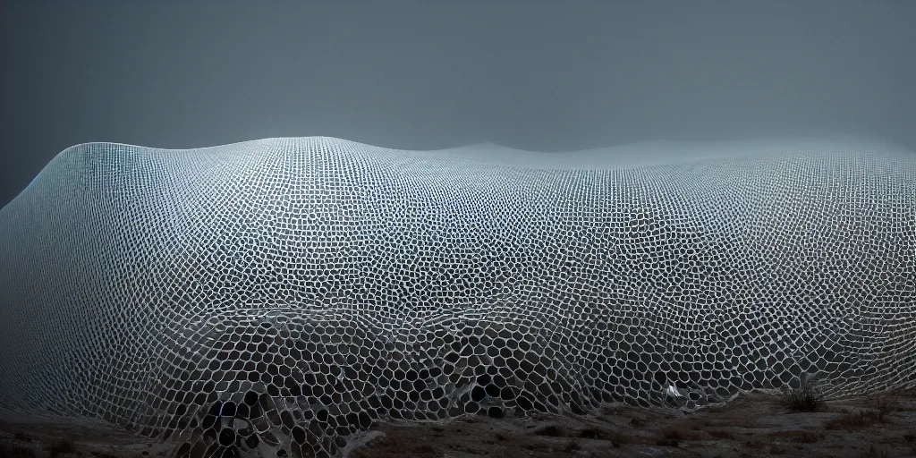 Image similar to white honeycomb organic illuminated building with warm illumination inside by ernesto neto sits on the field evening atmosphere in low fog, 4 k, insanely quality, highly detailed, film still from the movie directed by denis villeneuve with art direction by zdzisław beksinski, telephoto lens, shallow depth of field