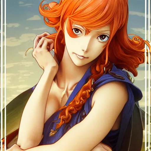 Image similar to intricately detailed vfx portrait of nami from one piece by eiichiro oda, makoto shinkai, alphonse mucha, art by artgerm and greg rutkowski, best of behance, concept art, matte, sharp focus, orange hair, elegant, adolphe bouguereau, annie leibovitz, stanley kubrick, thick outlines,