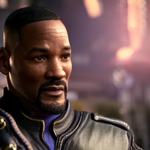 Image similar to a videogame still of Will Smith in Tekken 7, 40mm lens, shallow depth of field, split lighting