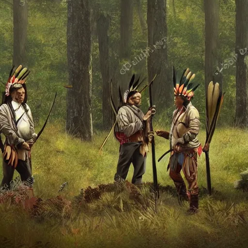 native americans hunting in the forest, realistic