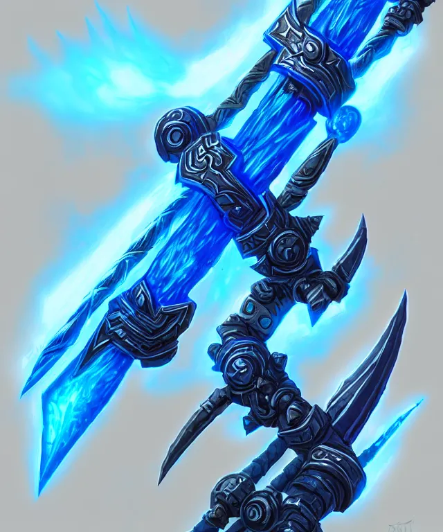 Image similar to bright weapon of warcraft blizzard weapon art, a spiral magic staff, bright art masterpiece artstation. 8k, sharp high quality illustration in style of Jose Daniel Cabrera Pena and Leonid Kozienko, blue colored theme, concept art by Tooth Wu,