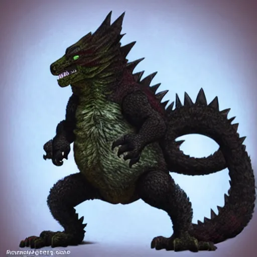 Image similar to furry godzilla, terrifying, cute, monster, concept art