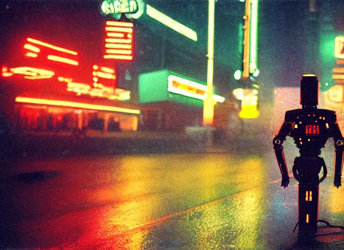 Prompt: a 2 8 mm macro kodachrome photo of a tall huge metallic cyborg droid with glowing lights, running on a rainy night in the city in the 1 9 5 0's, seen from a distance, canon 5 0 mm, cinematic lighting, film, photography, award - winning, neon, cyberpunk, blade runner