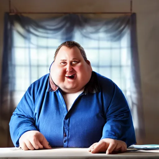 Image similar to portrait photo of old, fat spiderman working at a desk