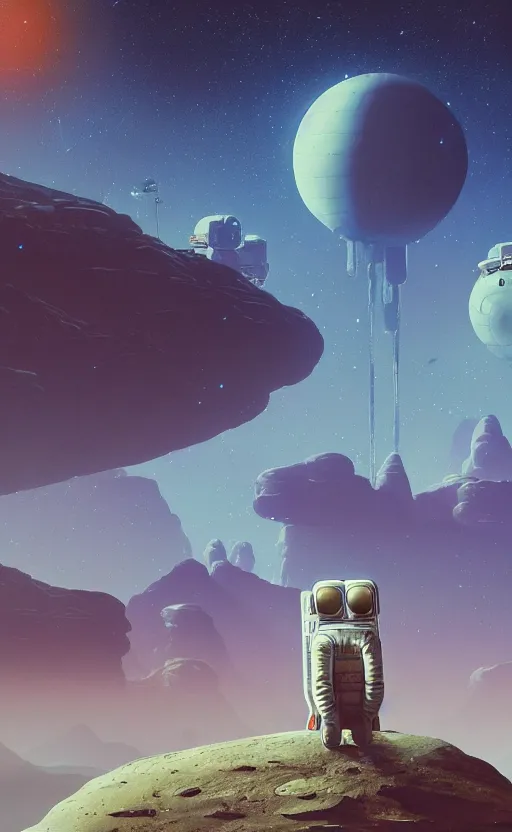 Image similar to A astronaut sitting and gazing upon a amazing alien landscape and the universe, digital art, breathtaking, golden ratio, extremely detailed, establishing shot, hyperrealistic, cinematic lighting, particles, unreal engine, simon stålenhag, rendered by Beeple, Makoto Shinkai, syd meade, simon stålenhag, Ruan Jia, Kentaro Miura, environment concept, artstation, octane render, 8K UHD image