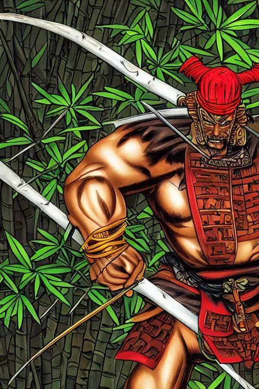 Prompt: close up of samurai warrior in a bamboo forest, by joe madureira and hicham habchi