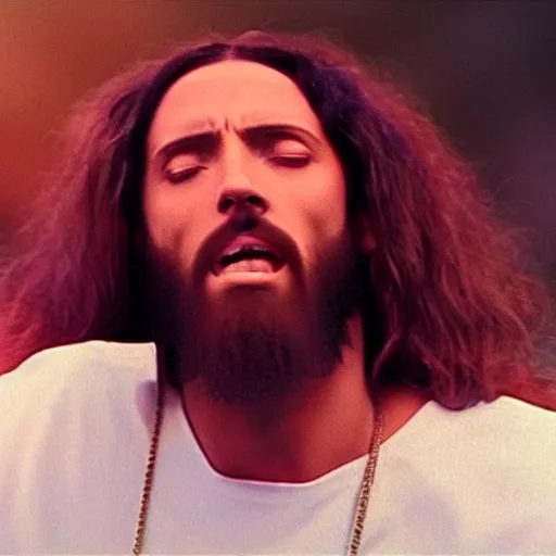 Prompt: jesus rapping in a music video, 4k upscale, MTV, 1990, bling bling, microphone