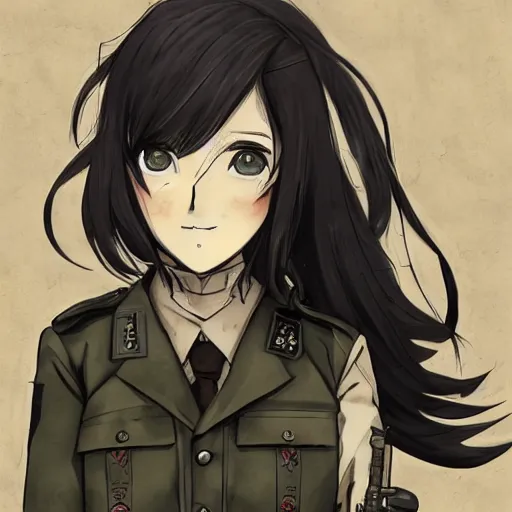 Image similar to manga style, black inking, modern warfare, portrait of a girl under artillery fire, trench sandbags in background, soldier clothing, long hair, hair down, symmetrical facial features, comic page, trending pixiv, black shadow patterns, by akihito yoshitomi, akiko higashimura