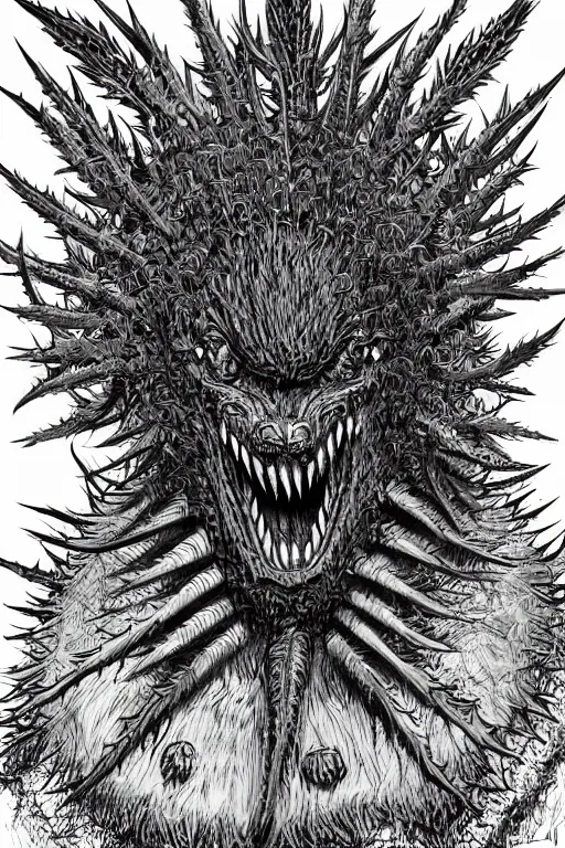 Image similar to thistle monster heavily armoured, symmetrical, highly detailed, digital art, needles, thorns, sharp focus, trending on art station, kentaro miura manga art style