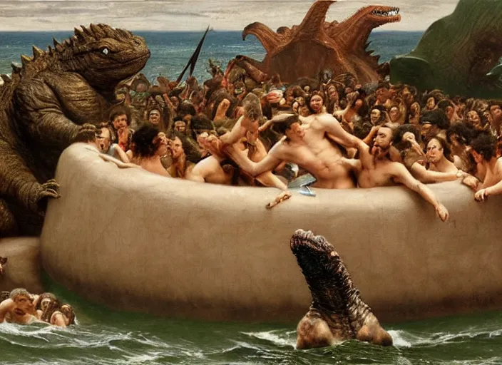 Prompt: godzilla attacking the raft of the medusa, painting by lawrance alma - tadema, 4 k, hyper - realistic, highly detailed