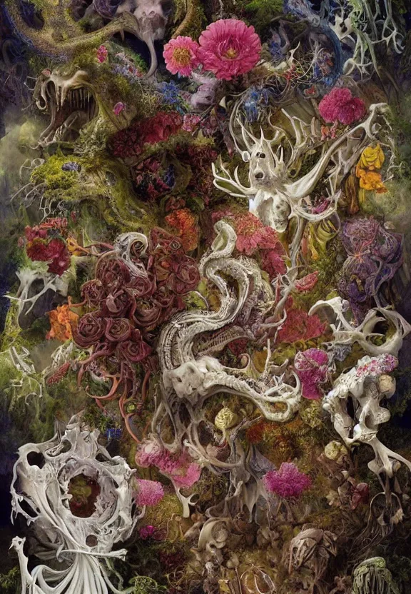 Prompt: simplicity, elegant, colorful muscular eldritch animals and bones radiating from fractal, orchids, dahlias, flowers, mandalas, white bones, by h. r. giger and esao andrews and maria sibylla merian eugene delacroix, gustave dore, thomas moran, pop art, chiaroscuro, biopunk, art nouveau