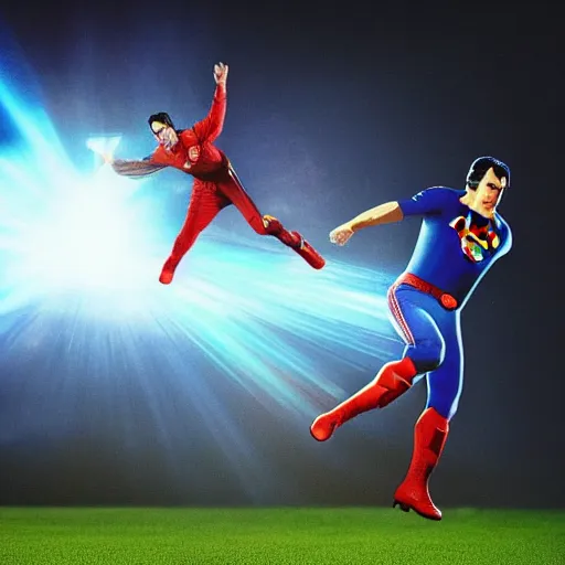 Image similar to jose mourinho flying in the sky as superman shooting lasers, award winning photograph