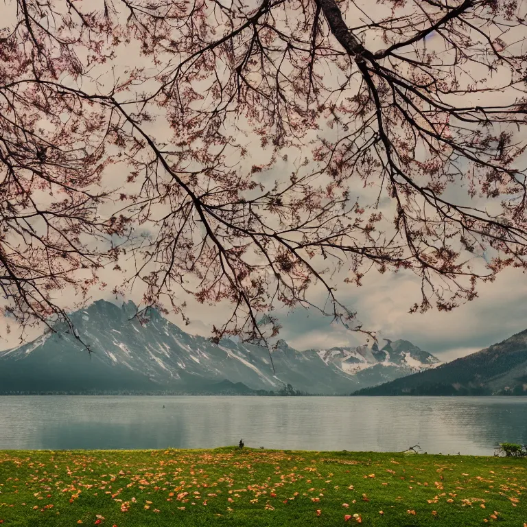 Image similar to a beautiful awesome artistic tree with falling flowers like leaves and many birds, all in the amazing outdoors view, mountain in the background, lake, long exposure, 8 k resolution, trending on artstation