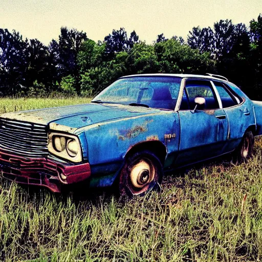 Image similar to A long shot photograph of a rusty, worn out, broken down, decrepit, run down, dingy, faded, chipped paint, tattered, beater 1976 Denim Blue Dodge Aspen in a farm field, photo taken in 1990