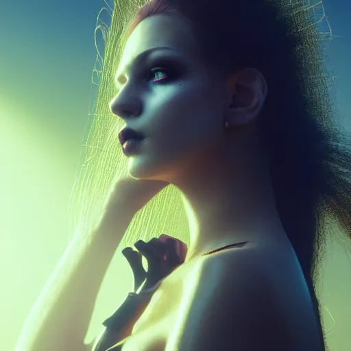 Image similar to photographic portrait of a stunningly beautiful gothic cyberpunk female in soft dreamy light at sunset, god rays, contemporary fashion shoot, by edward robert hughes, annie leibovitz and steve mccurry, david lazar, jimmy nelsson, breathtaking, 8 k resolution, extremely detailed, beautiful, establishing shot, artistic, hyperrealistic, beautiful face, octane render