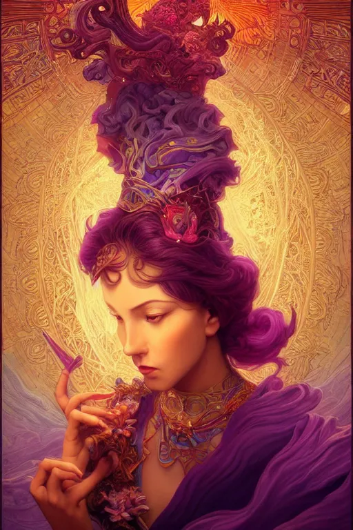 Image similar to portrait of a beautiful sorceress by artgerm, mandala, vivid color, complementary color, golden ratio, detailed, sharp lines, sharp focus, intricate, rainbowshift, by maxfield parrish, by peter mohrbacher, by gustave dore, by alphonse mucha, deviantart, octane render