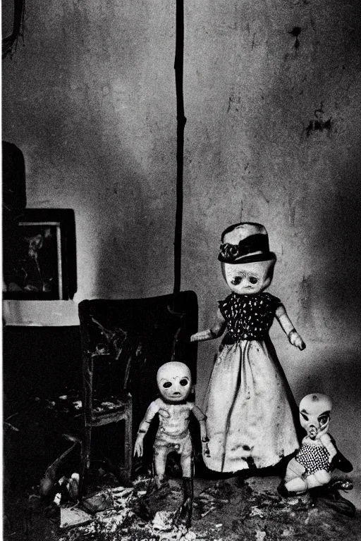 Prompt: dirty cracked screaming vintage doll maggots in eyes in darkly lit dusty basement cobwebs diane arbus photo