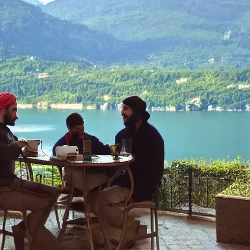 Prompt: a christian, a jew and a muslim drinking tea on a cafe terrace in italy with lake view, peaceful, ultra realistic, award winning,
