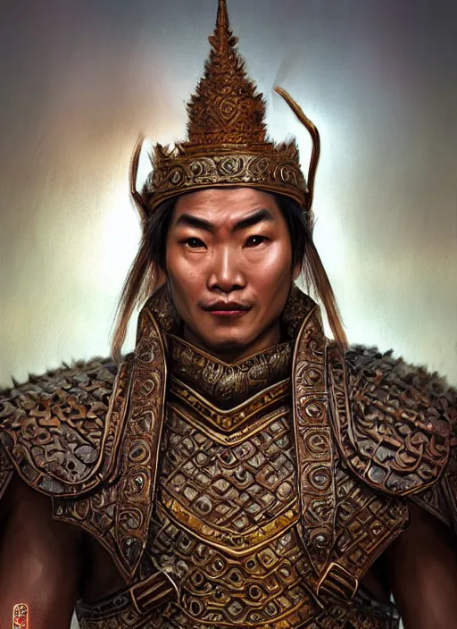 Prompt: king ramkhaheang, close portrait, historical, ethnic group, traditional tai costume, bronze headset, leather shoulder armor, fantasy, intricate, with leather armor cross onbare chest, elegant, loin cloth, highly detailed, oill painting, artstation, concept art, matte, sharp focus, illustration, hearthstone, art by earl norem