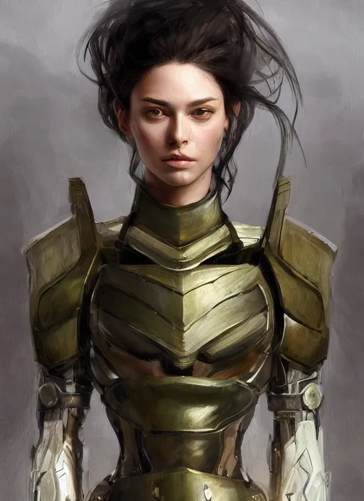 Image similar to a professional painting of a beautiful young female, clothed in military armor, olive skin, long dark hair, beautiful bone structure, symmetrical facial features, intricate, elegant, digital painting, concept art, smooth, sharp focus, illustration, from Metal Gear, by Ruan Jia and Mandy Jurgens and Artgerm and William-Adolphe Bouguerea