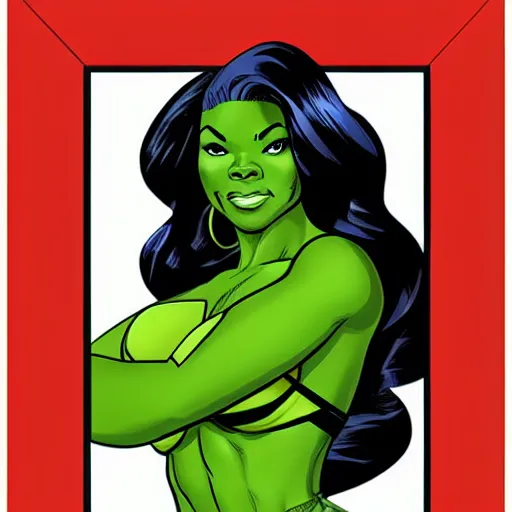 Prompt: Actress Gabrielle Union as She-Hulk, poster framed, comic pinup style, sports illustrated, highly detailed, artstation, illustration, posterized, Roge Antonio, Jen Bartel
