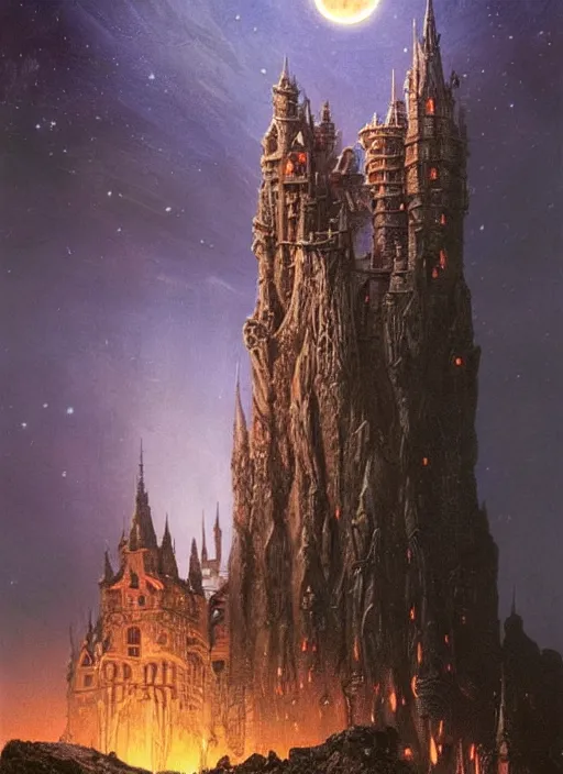 Prompt: giant gorgeous castle with a lot of small towers and spikes, deep night scene with a lot of fire and magical sky with two moons and a lot of stars. d & d, dark fantasy, gorgeous lighting, highly detailed, volumetric lights. by zdzisław beksinski and norman rockwell and greg rutkowski. weta studio, and lucasfilm