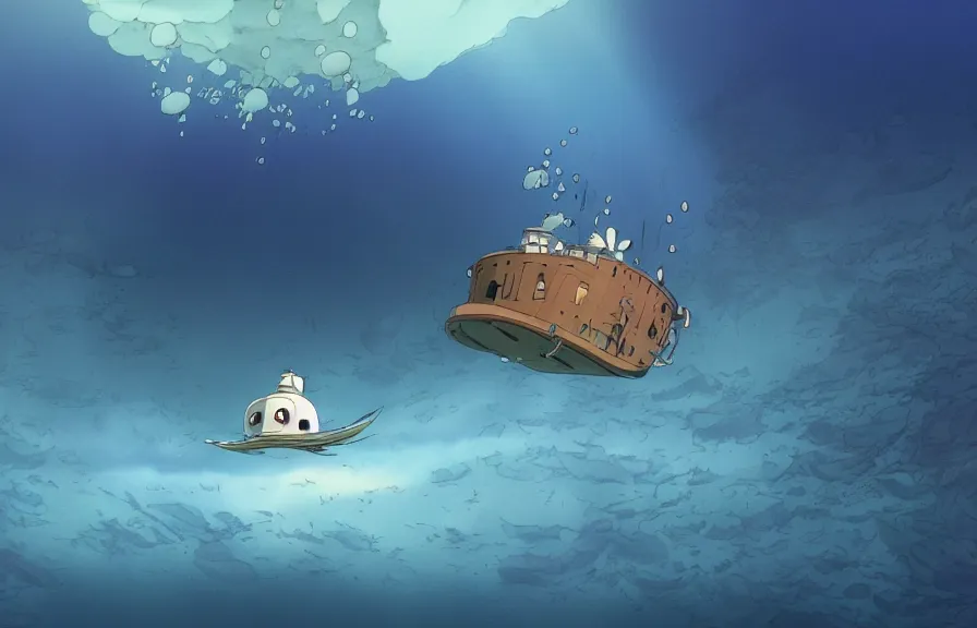 Image similar to a realistic cell - shaded cartoon from howl's moving castle ( 2 0 0 4 ) showing an eel submarine swimming in front of a white pristine pyramid underwater at the bottom of the sea. shafts of sunlight come from above. wide shot, very dull muted colors, hd, 4 k, hq