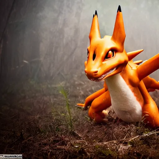 Image similar to realistic national geographic professional photo of charizard in the wild, award winning