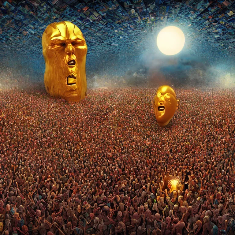 Prompt: wide angle octane render by wayne barlow and carlo crivelli and glenn fabry, a giant massive huge shining reflective golden screaming angry head surrounded by a giant huge massive crowd of people wrapped in colorful patterned blankets, goldenhour lighting, cinema 4 d, ray traced lighting, very short depth of field, bokeh