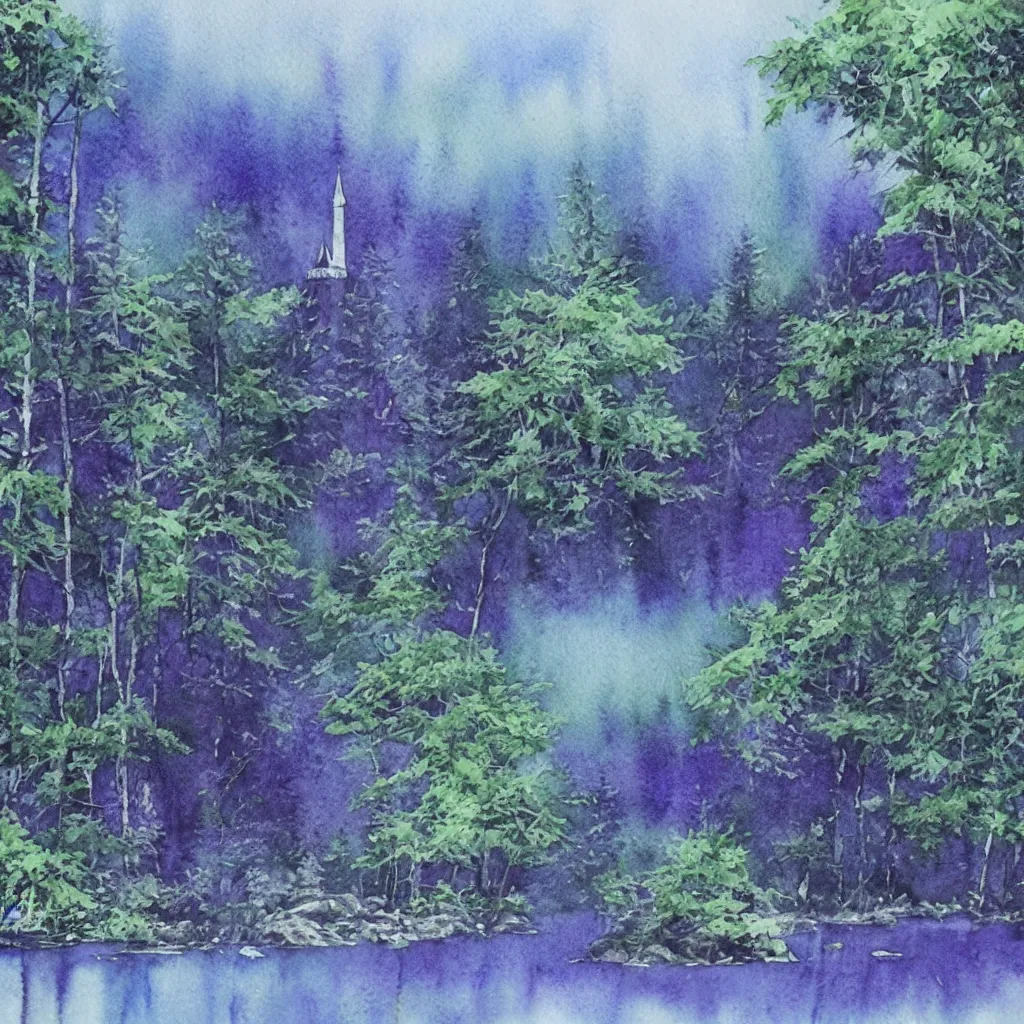 Prompt: A beautiful, highly detailed, very realistic watercolor painting of a huge mysterious purple and dark blue, very large tower in the middle of a dense forest next to a small lake, very realistic, highly detailed, watercolor.