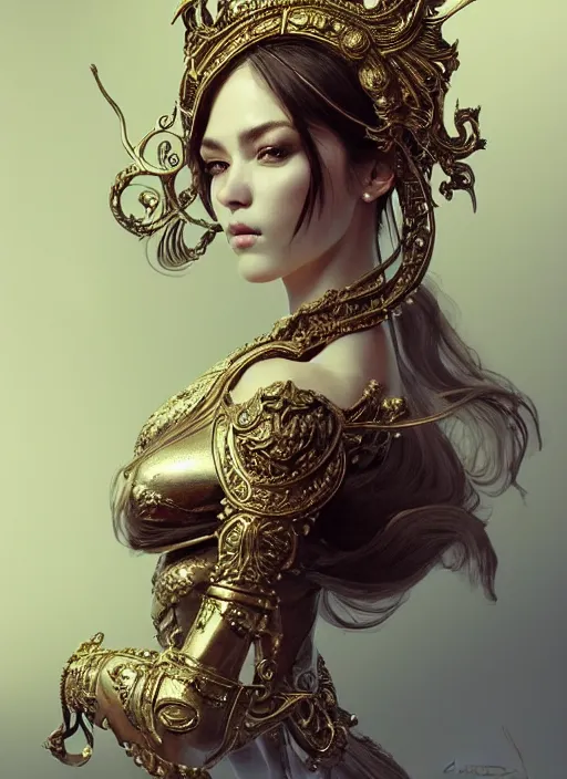 Prompt: a portrait of female in wearable sculpture art, ornate, metal works, intricate details, elegant, highly detailed, digital photography, artstation, glamor pose, concept art, smooth, sharp focus, art by artgerm and greg rutkowski, 3 d character, full body, film, photorealistic, unreal engine