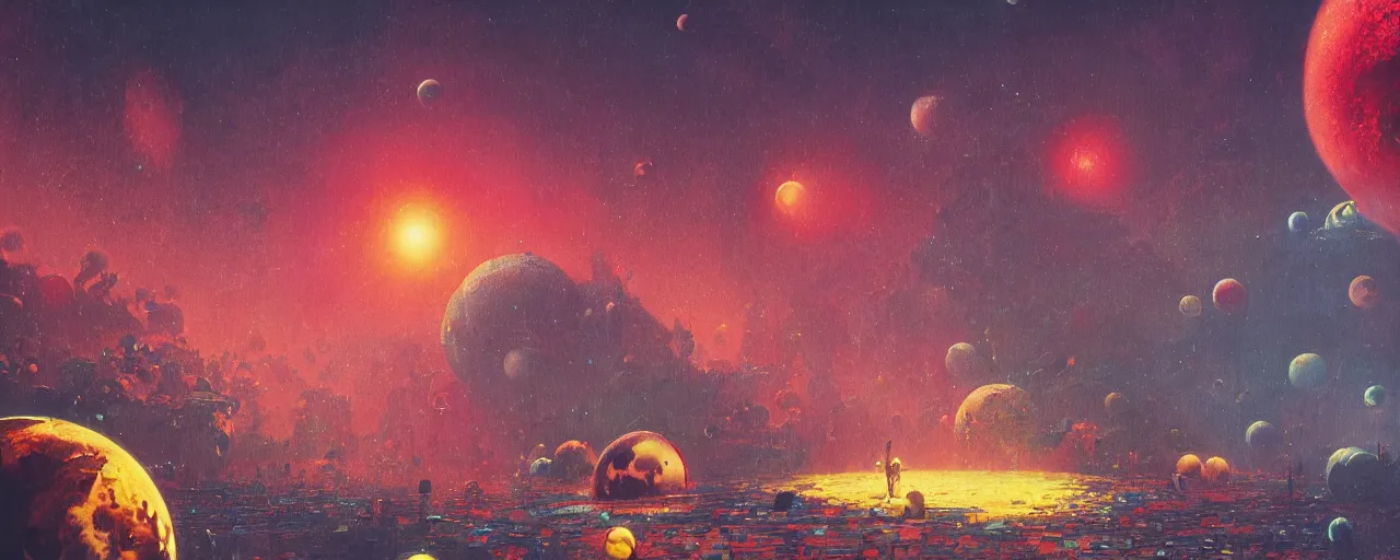 Image similar to ” planet and moons made of blood and rats, [ bubbles, by paul lehr, cinematic, detailed, epic, widescreen, opening, establishing, mattepainting, photorealistic, realistic textures, octane render ] ”