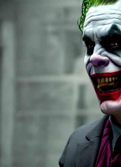 Prompt: film still of Jim Carrey as The Joker in The Dark Knight, 4k