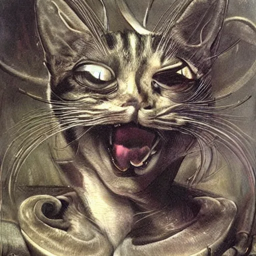 Prompt: painting by h. r. giger, cat going absolutely insane, freaking out, cat subject, psychopathic tendencies