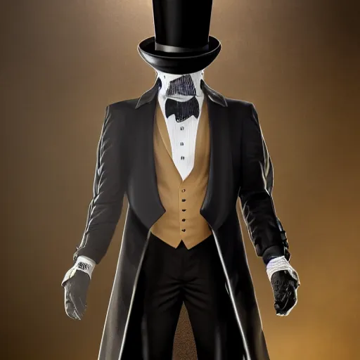 Image similar to a highly detailed portrait of a man in a high top hat covering his face, in a black tailcoat with a yellow waistcoat under the tailcoat, artstation, deviantart, professional, unreal engine 5, photorealistic