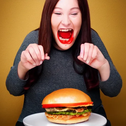 Prompt: realistic studio portrait photo, model eating an absolutely giant hamburger, mouth wide open