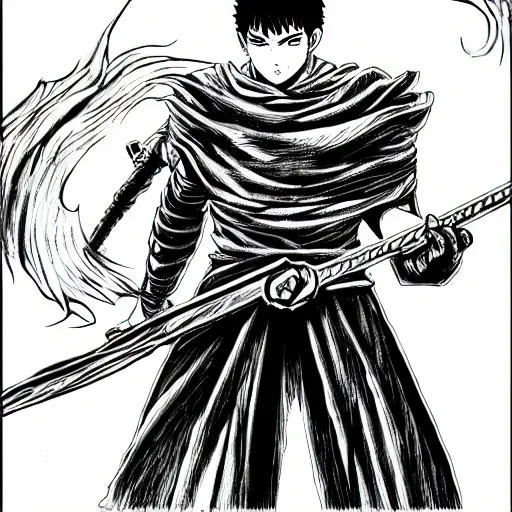 Image similar to pose of guts from berserk in the style of kentaro miura ’ s black and white manga art