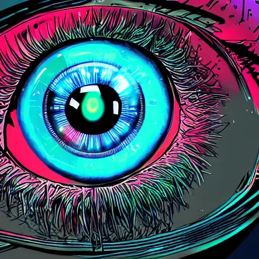 Prompt: cybernetic eye, digital illustration, ultra realistic, macro, vibrant colors, vivid, dramatic lighting, futuristic, cyberpunk, intricate details